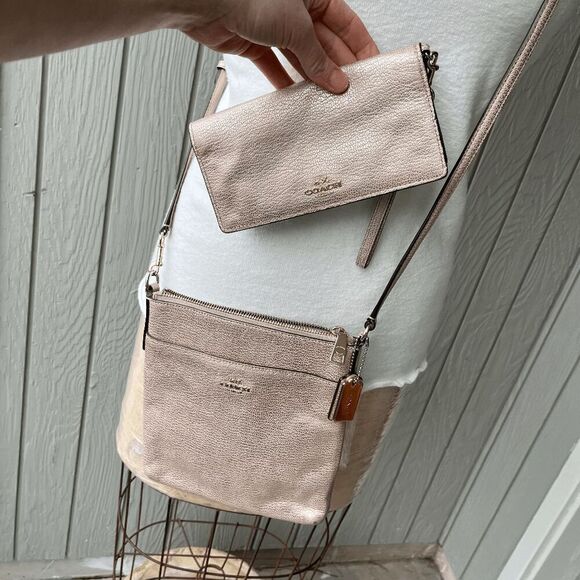 CoachβGold Pebbled Leather Crossbody & Matching Wallet, Retired Set - Picture 1 of 16